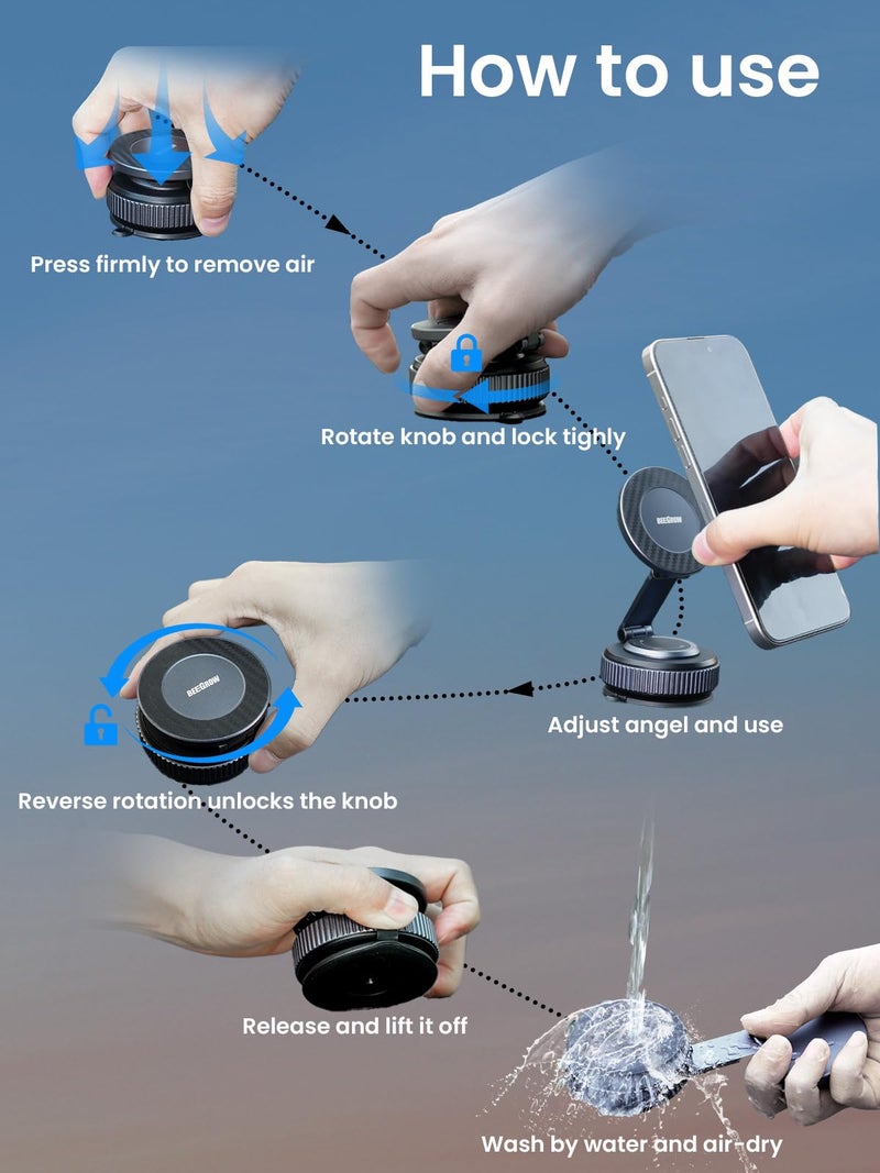 BEEGROW Magnetic Car Phone Holder for Magsafe, Alloy 360Â° Folding Cell Car Phone Mount with Ultra Stable Suction Cup and Reusable Gel, Dashboard Windshield Stand for iPhone 17-12 Android Pixel Samsung - Image 4