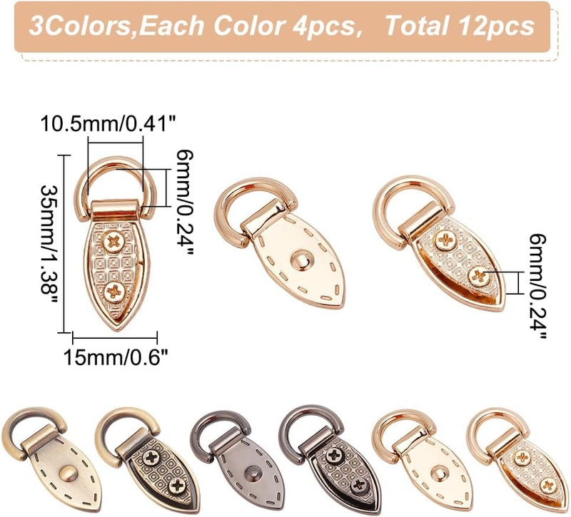 klarako 12Pcs Metal Bag Side Clip Buckle, 3 Colors Purse Suspension Clasp Hardware Leaf Shape Handbag Chain Strap Connector Alloy D Ring Screwback Lanyard Clasps DIY Shoulder Bag Repair Accessories - Image 2