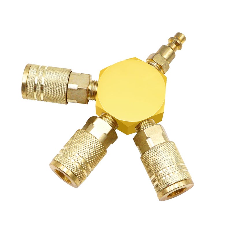 Tnuocke Air Splitter 3Way Manifold Hex Style with 3 Pieces Brass Industrial Coupler and 14 PlugAir Compressor Hose Accessories Quick Connect Fittings