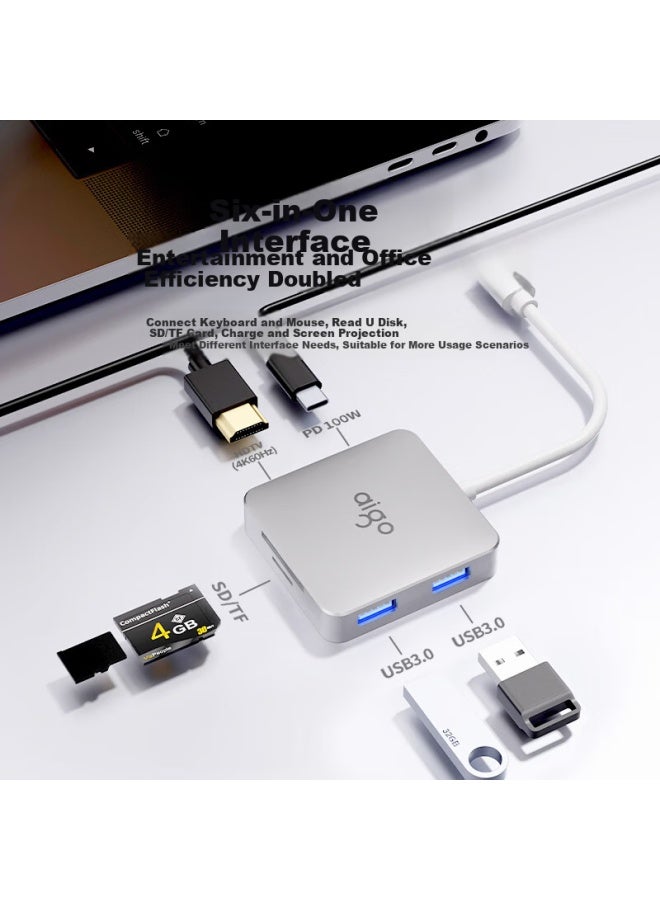 aigo محطة إرساء مغناطيسية من نوع C، محور USB، محول HDMI 4K60، قارئ بطاقات محمول، منفذ C 3.0، نقل PD 100W، محطة توسيع JZ06-ST - Image 1