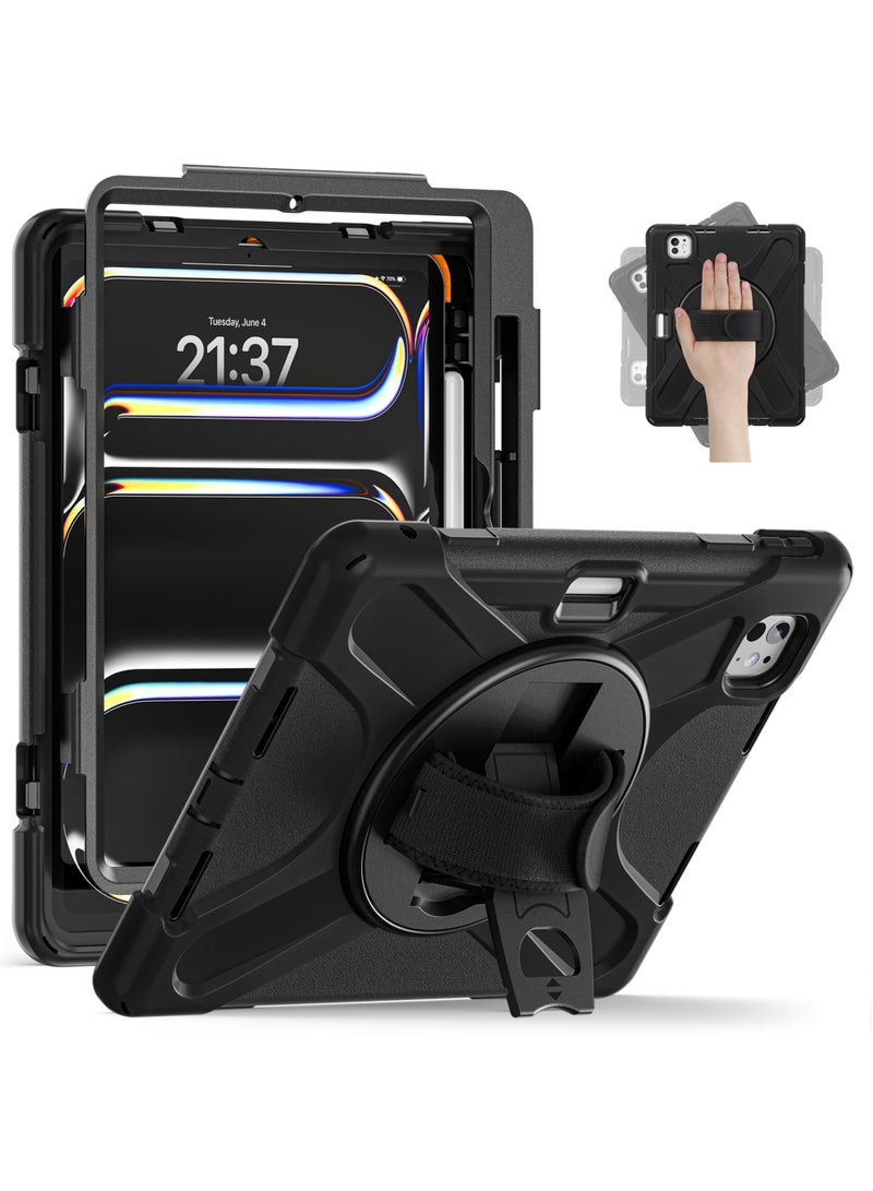 روك بو جراب لجهاز iPad Pro مقاس 11 بوصة (M5/M4) 2025/2024 غطاء سيليكون قوي ومتين مع حزام يد يدور 360 درجة وحامل مخفي قابل للطي لجهاز iPad Pro مقاس 11 بوصة M5/M4 2024/2025 - Image 1