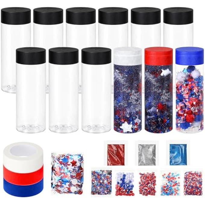 Potchen 12 Pcs 4th of July Sensory Bottles Kits 400 ml Plastic Calming Bottles Empty for DIY Crafts Include Clay Particles Glitters Sequins and Other Fillers for Relieving Anxiety Disturbed - Image 1