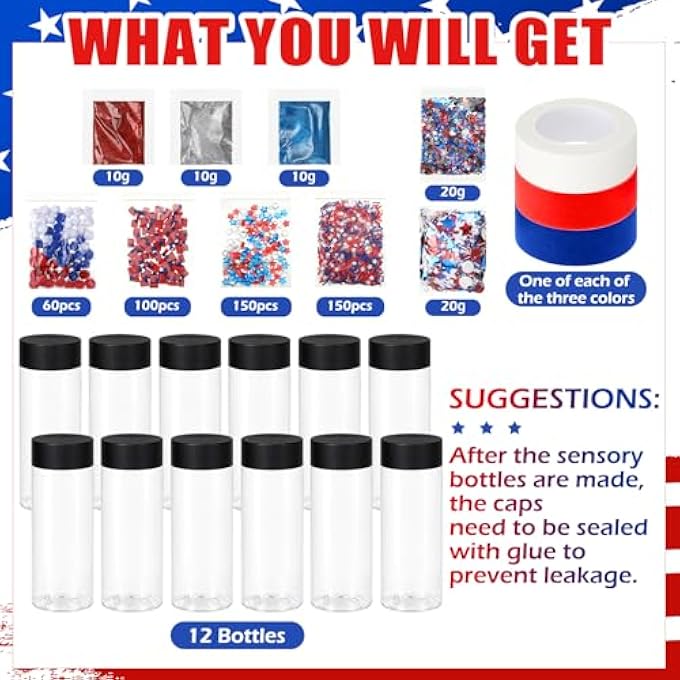 Potchen 12 Pcs 4th of July Sensory Bottles Kits 400 ml Plastic Calming Bottles Empty for DIY Crafts Include Clay Particles Glitters Sequins and Other Fillers for Relieving Anxiety Disturbed - Image 2