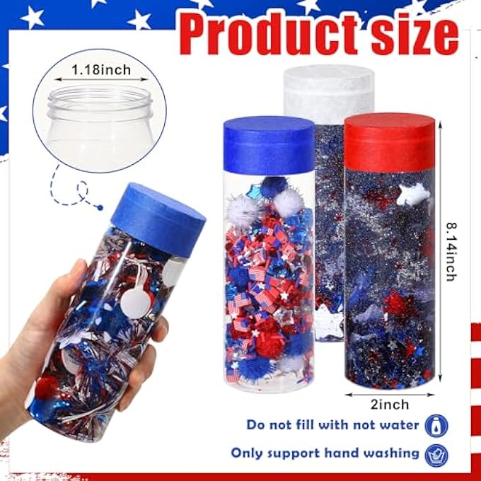 Potchen 12 Pcs 4th of July Sensory Bottles Kits 400 ml Plastic Calming Bottles Empty for DIY Crafts Include Clay Particles Glitters Sequins and Other Fillers for Relieving Anxiety Disturbed - Image 3