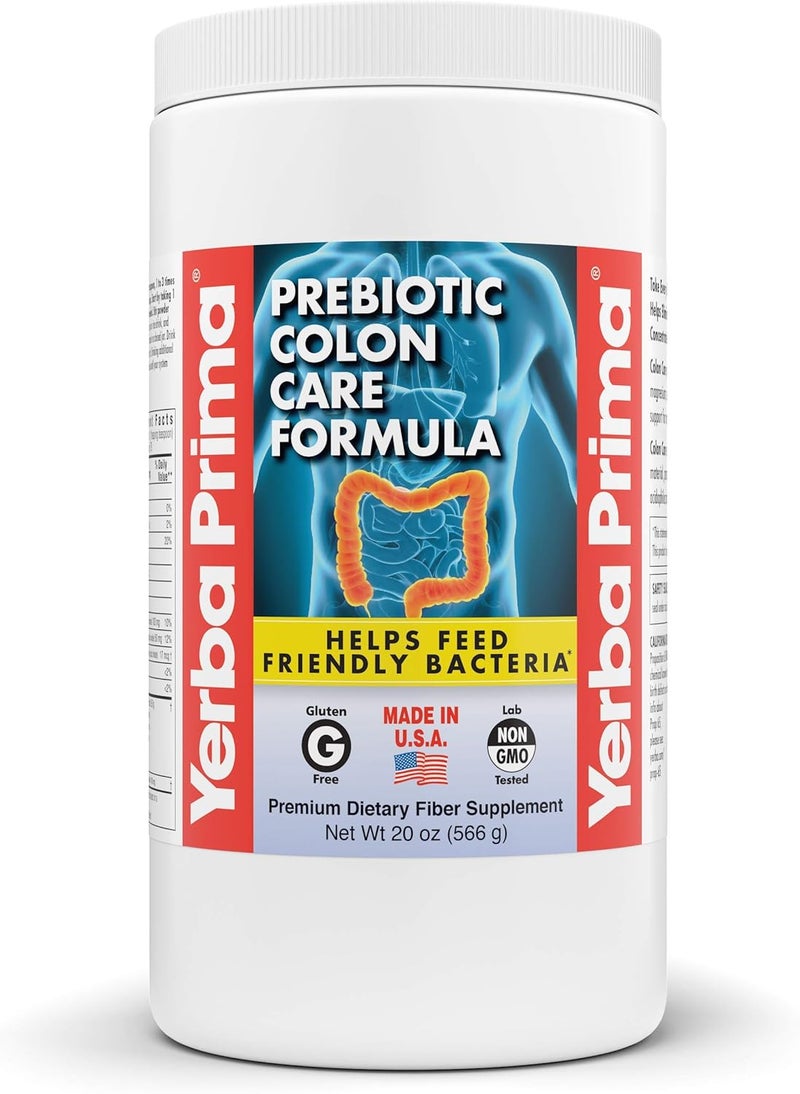 Yerba Prima Prebiotic Colon Care Formula 20 oz Powder with FOS  Natural Psyllium Fiber Magnesium Selenium  NonGMO Gluten Free Vegan Daily Supplement  for Men  Women - Image 1