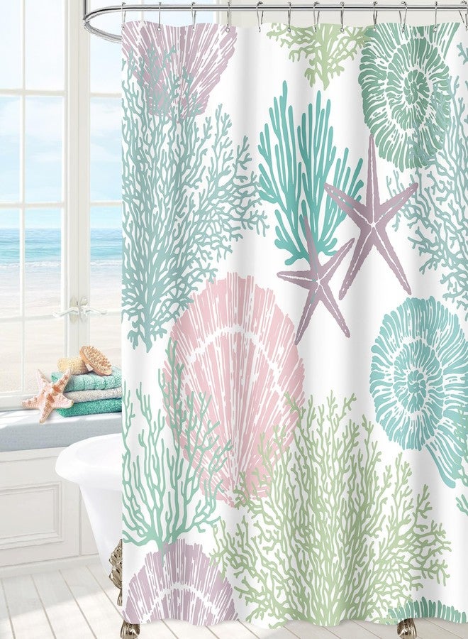MAYZUS Extra Long Shower Curtain 72 x 84 Inch, Tall Pink Green Nautical Coastal Fabric, Summer Tropical Seashell Starfish Coral Beach Ocean Themed for Bathroom Decor - Image 1