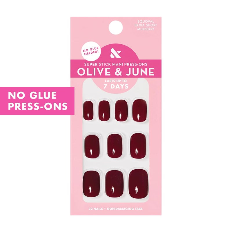 Olive & June Classic Super Stick Mani Press On Nails | No Glue Needed | 32 Tab Nails 16 Sizes | Non-Toxic Tabs Easy On-Off Non-Damaging Realist Look 7-Day Wear | Extra Short, Squoval | Mulberry Maroon - Image 2