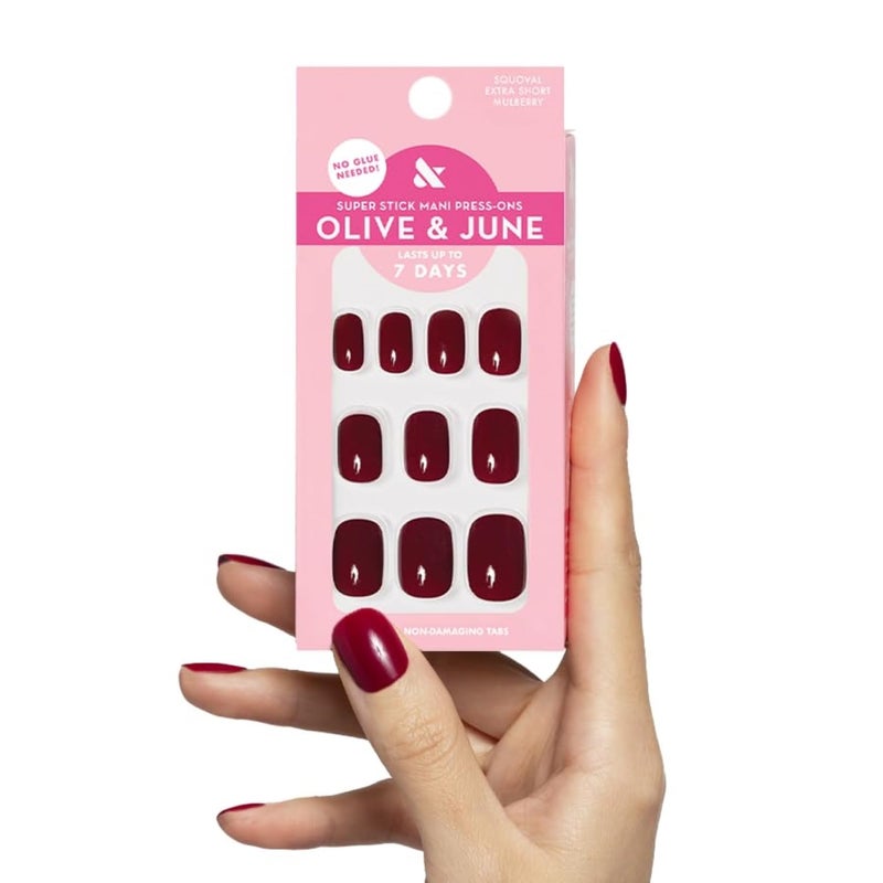 Olive & June Classic Super Stick Mani Press On Nails | No Glue Needed | 32 Tab Nails 16 Sizes | Non-Toxic Tabs Easy On-Off Non-Damaging Realist Look 7-Day Wear | Extra Short, Squoval | Mulberry Maroon - Image 1