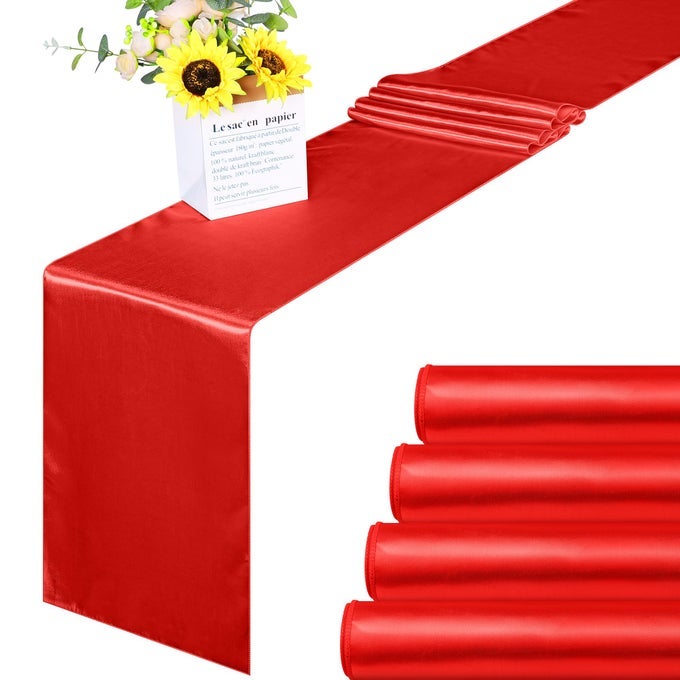 4 PACK SATIN TABLE RUNNER 12 X 108INCH LONG BRIGHT SILK AND SMOOTH FABRIC PARTY TABLE RUNNER FOR WEDDING BANQUET PARTY DECORATION RED