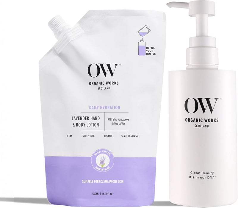 Organic Works Lavender Hand Body Lotion Starter Pack 500ml 24hr Hydrating Moisturiser for Dry to Extra Dry Acne EczemaProne Skin With Coconut Oil Shea Butter Reduces Fine Lines Wrinkles