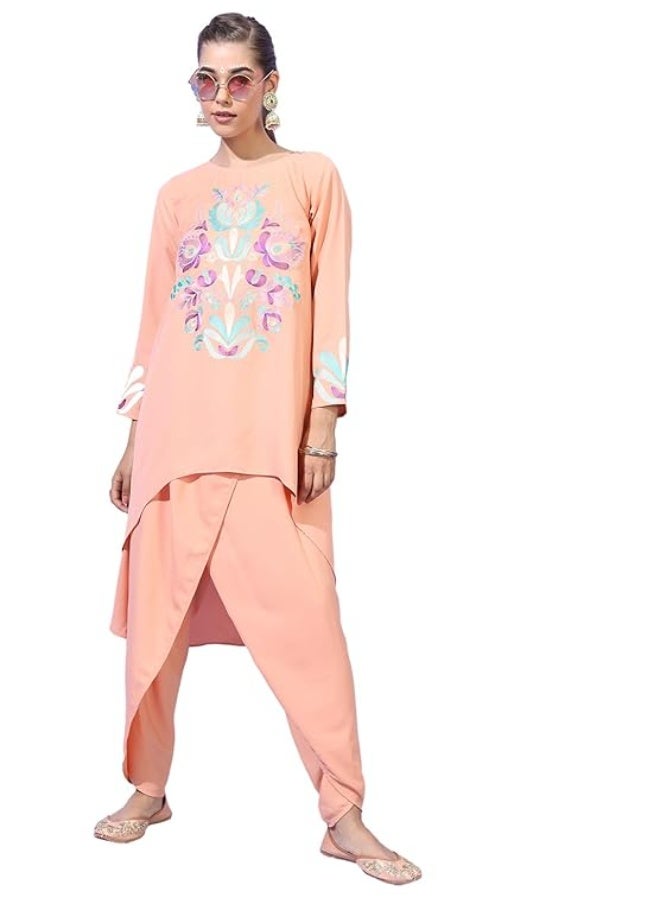 فيشود طقم نسائي منسق (Co-ord) بطابع عرقي من Vishudh - ياقة مستديرة - اللون: برتقالي - الخامة: رايون - المقاس: XL - Image 1