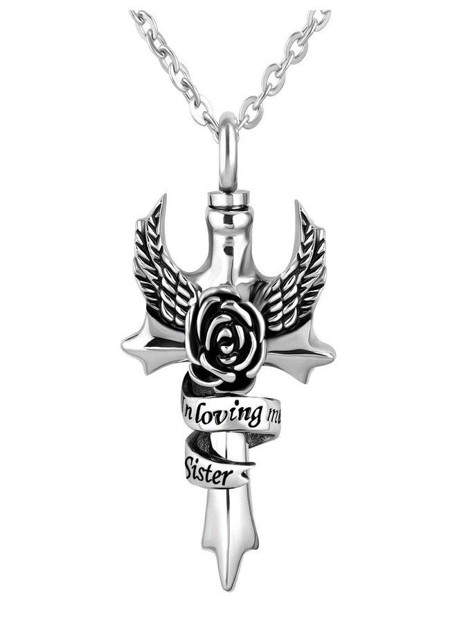 OutstandLong Sister Rose Cross Urn Necklace for Ashes Cremation Jewelry Angel Wings in Loving Memory Memorial Locket Keepsake Pendant Locket Ash Holder - Image 1