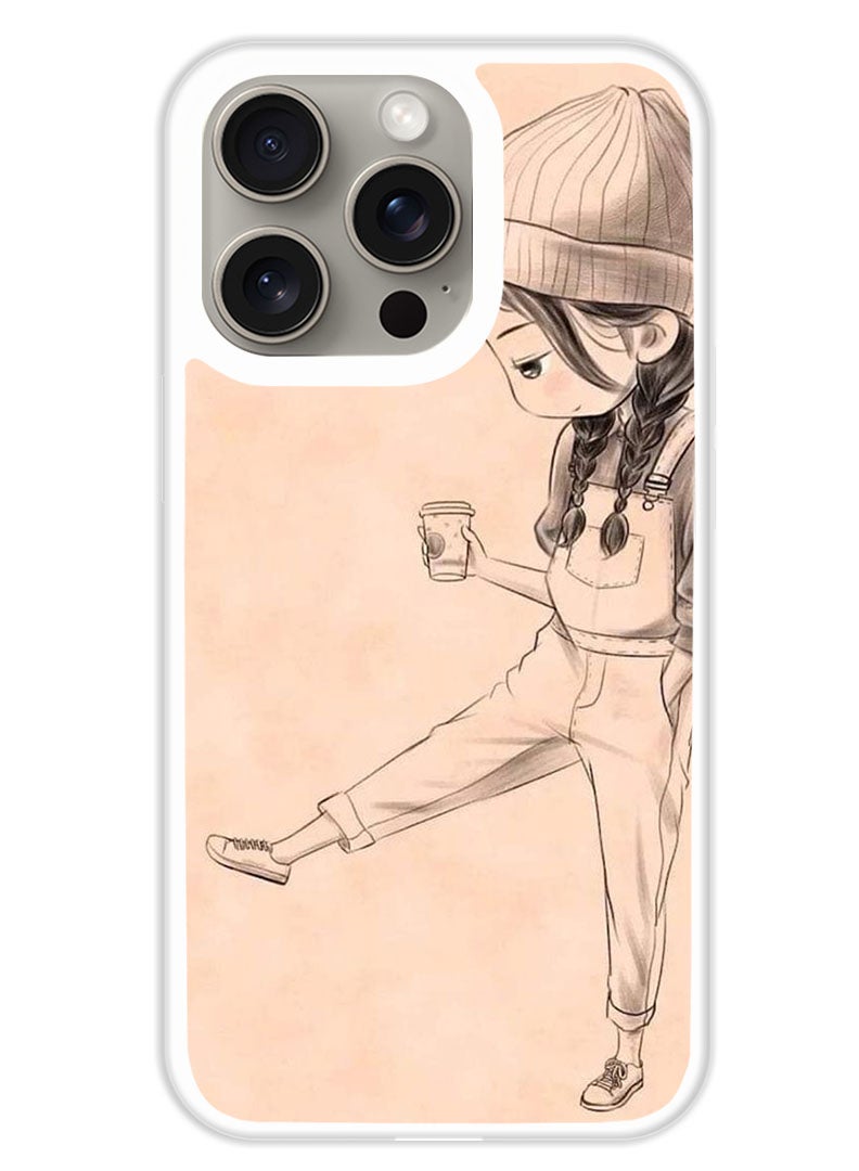 Theodor Protective Case Cover For APPLE IPHONE 15 Pro Max Girl drink coffee (White Bumper) - Image 1