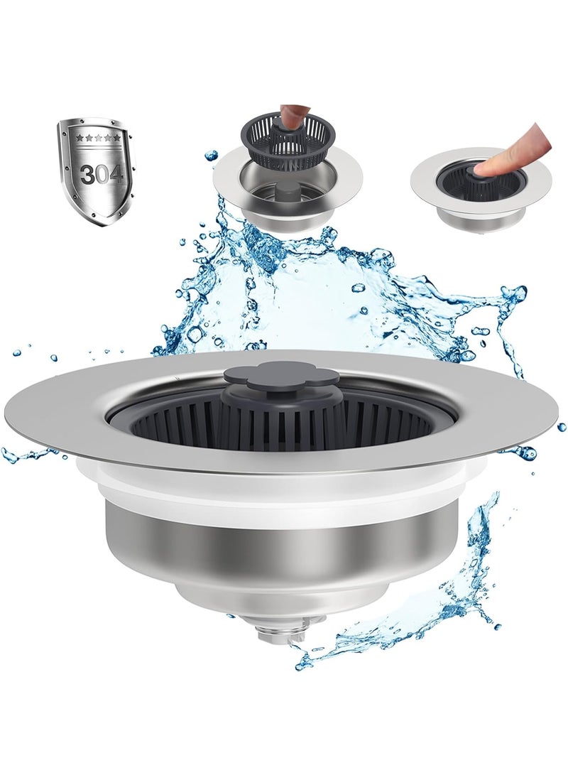 مجموعة مصفاة تصريف حوض المطبخ المطورة – مجموعة سدادة، سدادة حوض مطبخ من الفولاذ المقاوم للصدأ، سلة مصفاة تصريف منبثقة مضادة للانسداد للمصارف الأمريكية القياسية مقاس 3.5 بوصة (1 قطعة). - Image 1