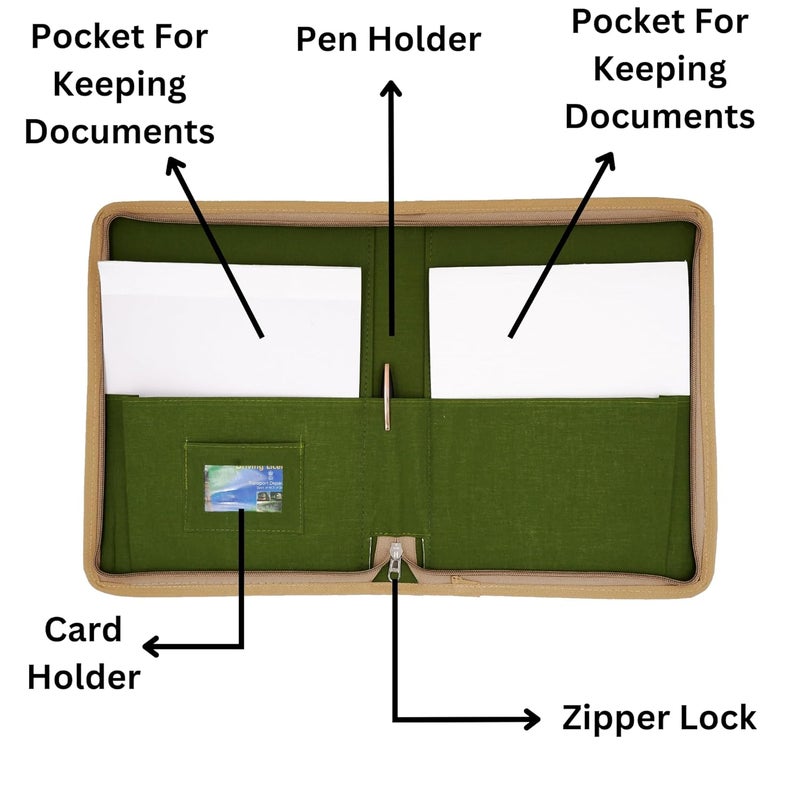 Asraw A4 Jute Professional File Folder Document Zipper Organizer for Corporate Meetings, Interview Portfolio, Certificates, Document Holder, Jute Conference File Folder (Green) - Image 4