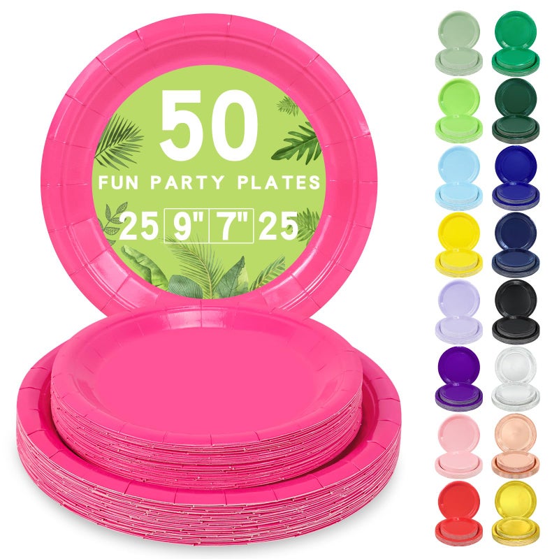 LANLISA 50 Pcs Hot Pink Paper Plates Disposable, 25-9" & 25-7" Disposable Birthday Cake Dessert Plates For Valentines Day, Baby Shower, Mothers Day Party Supplies - Image 1