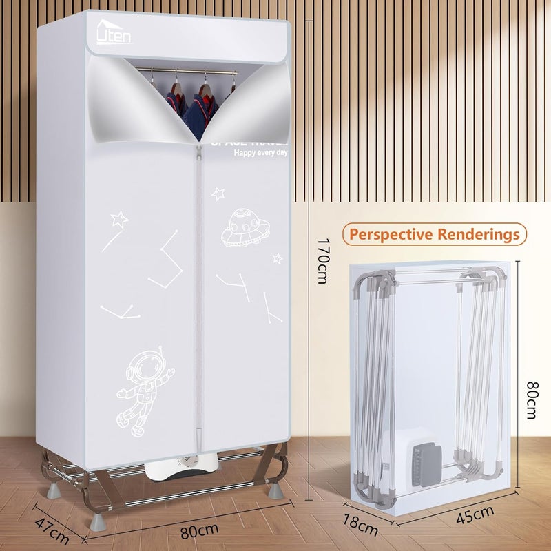 Uten Repeated assemble detach compatible Electric Clothes Dryer, Folding Clothes Dryer for Wardrobe with Storage Bag, 1500 W Quick Dry, Capacity 15 kg for Home and Dormitories, Grey Stain resistant - Image 2