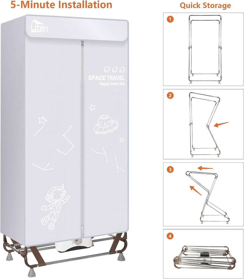 Uten Repeated assemble detach compatible Electric Clothes Dryer, Folding Clothes Dryer for Wardrobe with Storage Bag, 1500 W Quick Dry, Capacity 15 kg for Home and Dormitories, Grey Stain resistant - Image 5