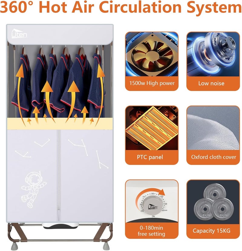 Uten Repeated assemble detach compatible Electric Clothes Dryer, Folding Clothes Dryer for Wardrobe with Storage Bag, 1500 W Quick Dry, Capacity 15 kg for Home and Dormitories, Grey Stain resistant - Image 4