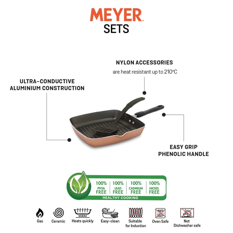 Meyer Aluminium Non-Stick 2-Piece Cookware Set, Grill-pan with Turner (Not Suitable for Induction, Gold, Copper) - Image 4
