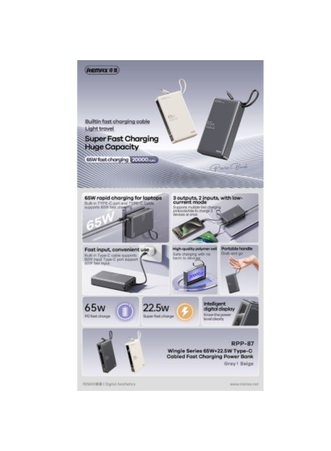 ريماكس باور بانك وينجل سيريز RPP-87 سعة 20000 مللي أمبير/ساعة، باور بانك مع شحن سريع 65 وات + 22.5 وات مع كابل Type-C مدمج، ومنافذ متعددة، وشاشة LED ومقبض حمل - رمادي - Image 3