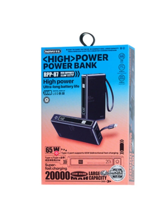 ريماكس باور بانك وينجل سيريز RPP-87 سعة 20000 مللي أمبير/ساعة، باور بانك مع شحن سريع 65 وات + 22.5 وات مع كابل Type-C مدمج، ومنافذ متعددة، وشاشة LED ومقبض حمل - رمادي - Image 2