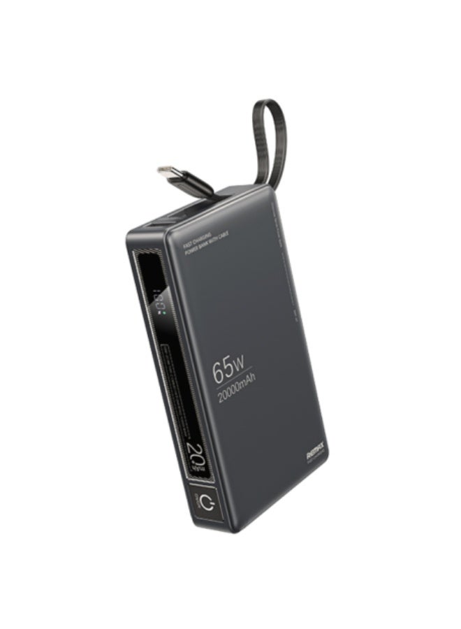 ريماكس باور بانك وينجل سيريز RPP-87 سعة 20000 مللي أمبير/ساعة، باور بانك مع شحن سريع 65 وات + 22.5 وات مع كابل Type-C مدمج، ومنافذ متعددة، وشاشة LED ومقبض حمل - رمادي - Image 1