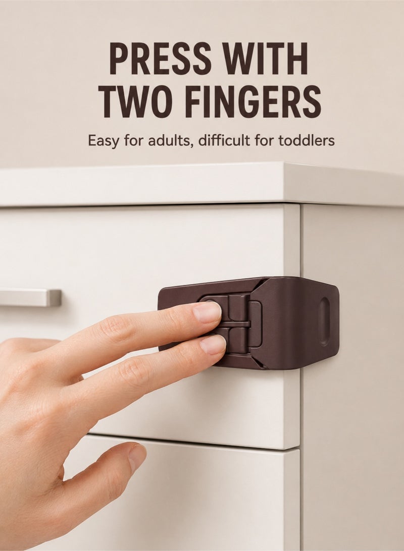 10 Pack Safe Drawer Locks, Baby Proofing Angle Type Drawer Lock, Child Safety Locks for Cabinets, Dual button Baby Proofing Corner Locks with Strong, Adhesive for Cabinet (Brown) - Image 2