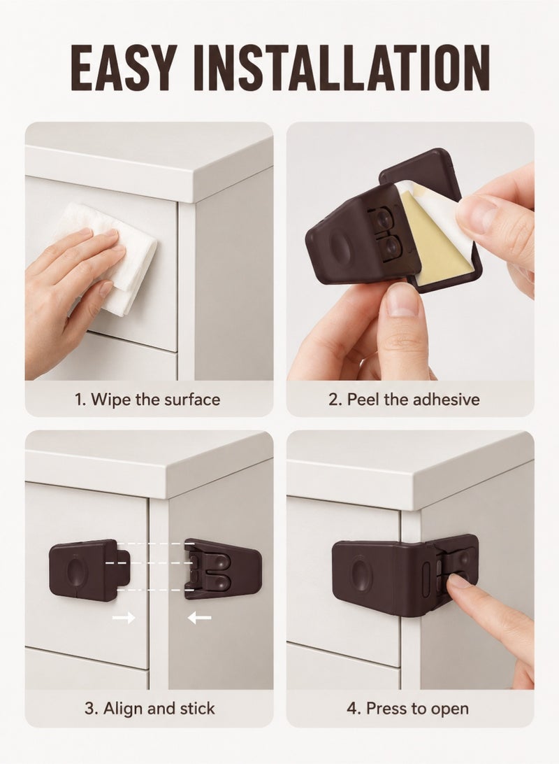 10 Pack Safe Drawer Locks, Baby Proofing Angle Type Drawer Lock, Child Safety Locks for Cabinets, Dual button Baby Proofing Corner Locks with Strong, Adhesive for Cabinet (Brown) - Image 5