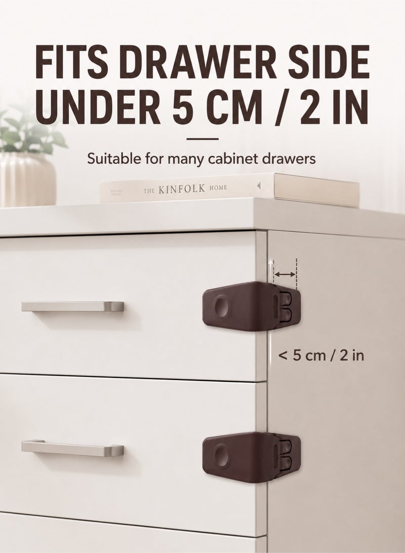 10 Pack Safe Drawer Locks, Baby Proofing Angle Type Drawer Lock, Child Safety Locks for Cabinets, Dual button Baby Proofing Corner Locks with Strong, Adhesive for Cabinet (Brown) - Image 4