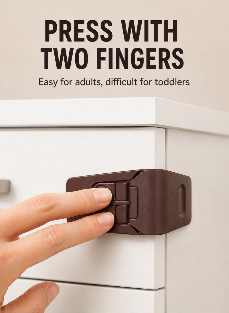 10 Pack Safe Drawer Locks, Baby Proofing Angle Type Drawer Lock, Child Safety Locks for Cabinets, Dual button Baby Proofing Corner Locks with Strong, Adhesive for Cabinet (Brown) - Image 2