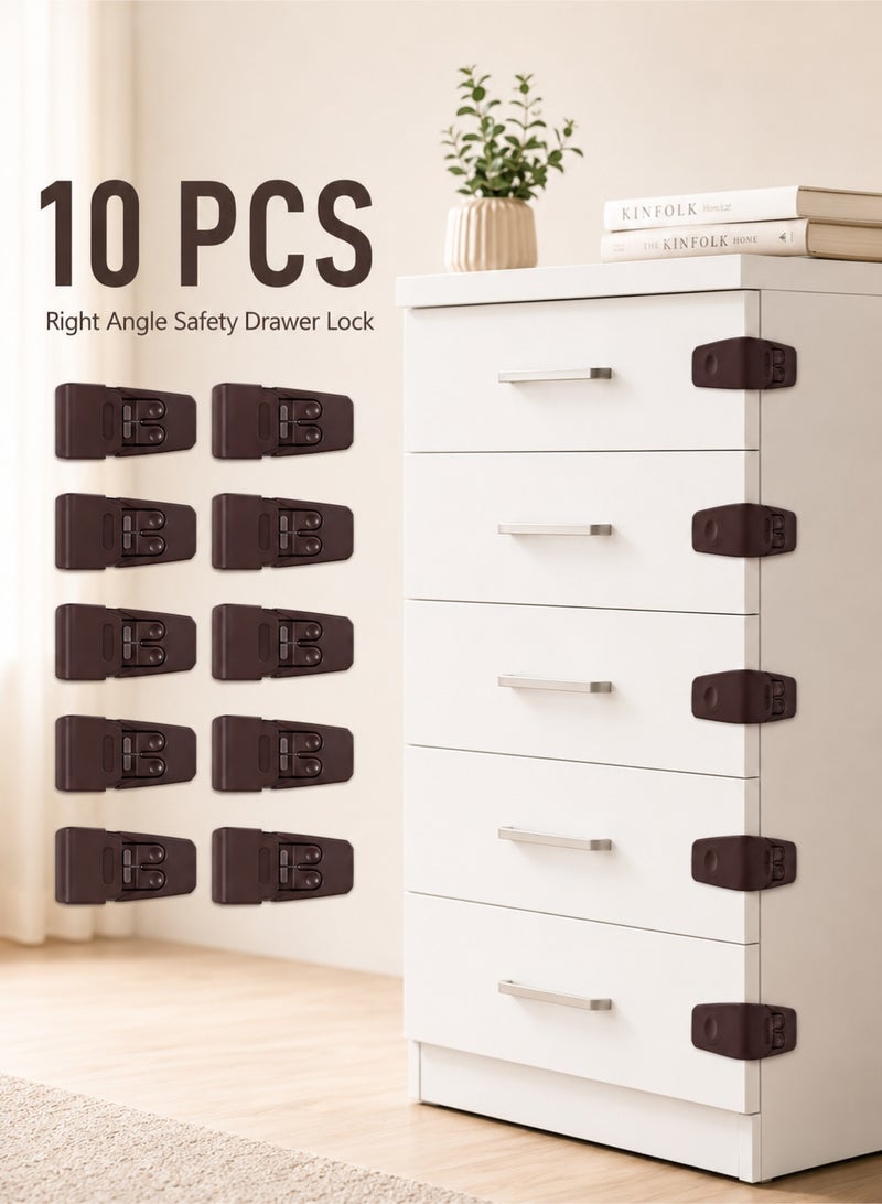 10 Pack Safe Drawer Locks, Baby Proofing Angle Type Drawer Lock, Child Safety Locks for Cabinets, Dual button Baby Proofing Corner Locks with Strong, Adhesive for Cabinet (Brown) - Image 1
