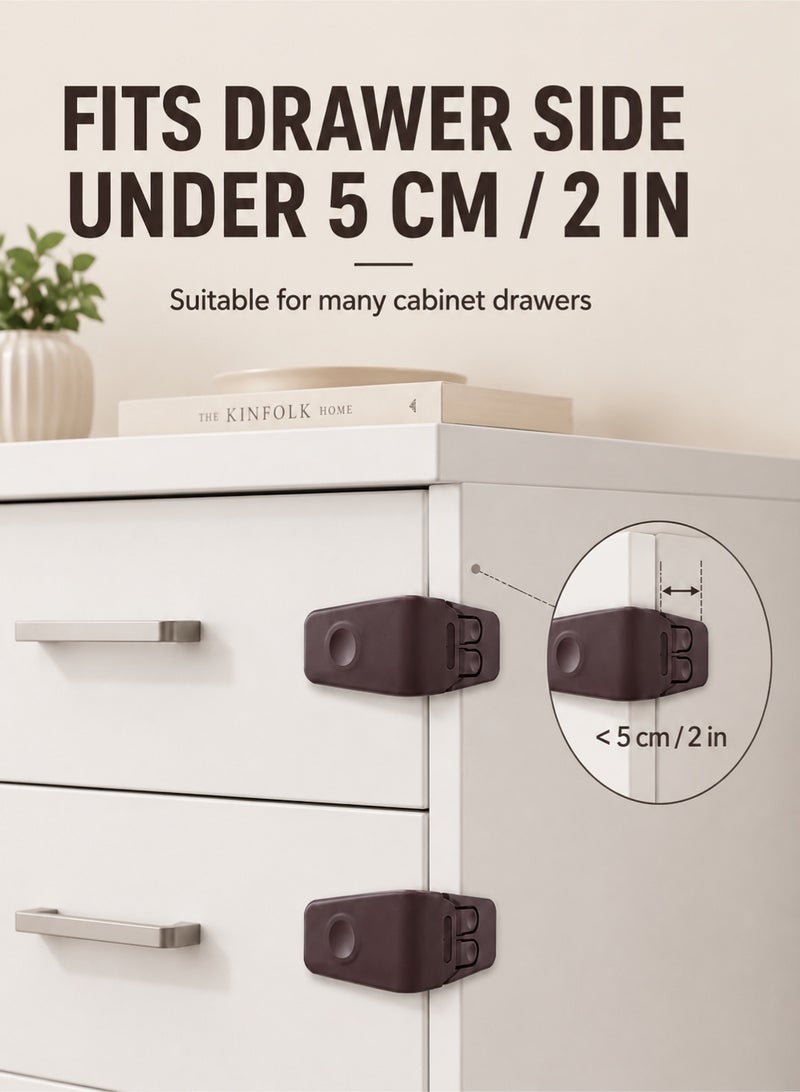 10 Pack Safe Drawer Locks, Baby Proofing Angle Type Drawer Lock, Child Safety Locks for Cabinets, Dual button Baby Proofing Corner Locks with Strong, Adhesive for Cabinet (Brown) - Image 4