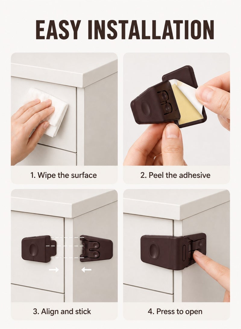 10 Pack Safe Drawer Locks, Baby Proofing Angle Type Drawer Lock, Child Safety Locks for Cabinets, Dual button Baby Proofing Corner Locks with Strong, Adhesive for Cabinet (Brown) - Image 5