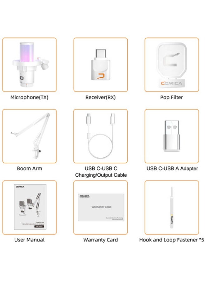 Comica Audio EJoy Uni Pro A RGB Cardioid Condenser Wireless/USB-C Microphone with Boom Arm (White) - Image 4