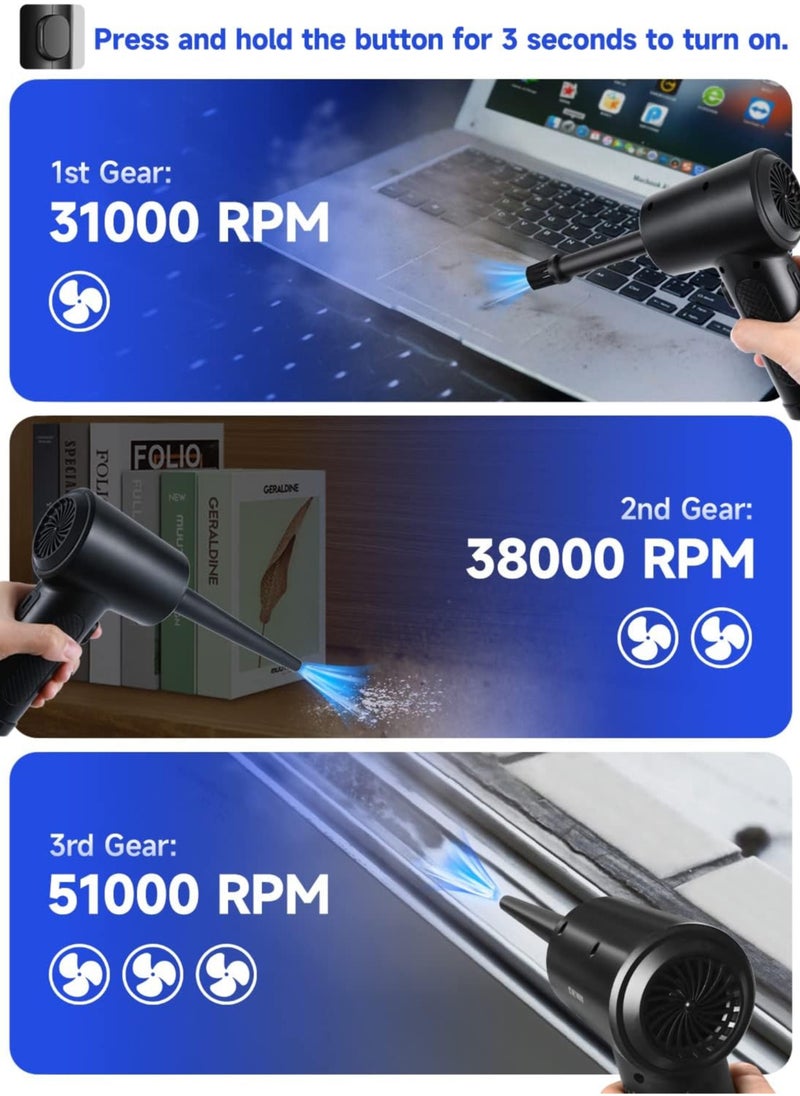 Generic - Compressed Air Duster, 3 Gear to 51000RPM Electric Air Duster Portable Air Blower with LED Light, 6000mAh Rechargeable Cordless Air Duster for Computer Keyboard Fast Charge - Image 1