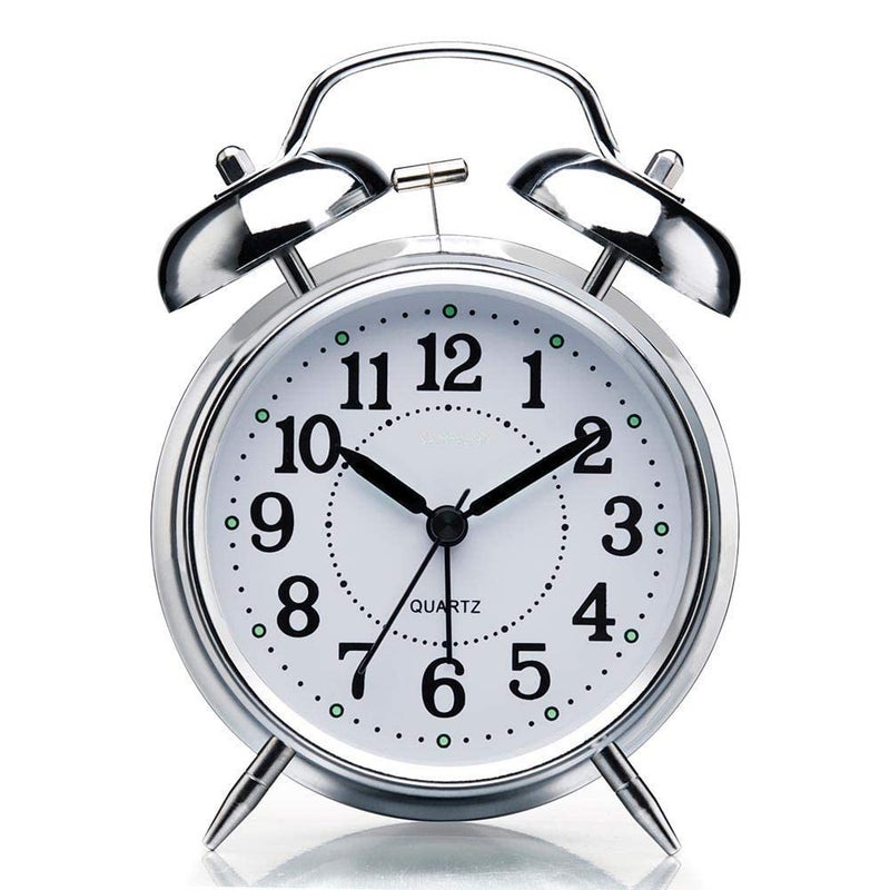 PERPART Table Alarm Clock Vintage Look Twin Bell with Night LED Display and Loud Sound Alarm Voice for Heavy Sleepers Kids and Students Home and Office Loud Bell Alarm Silver