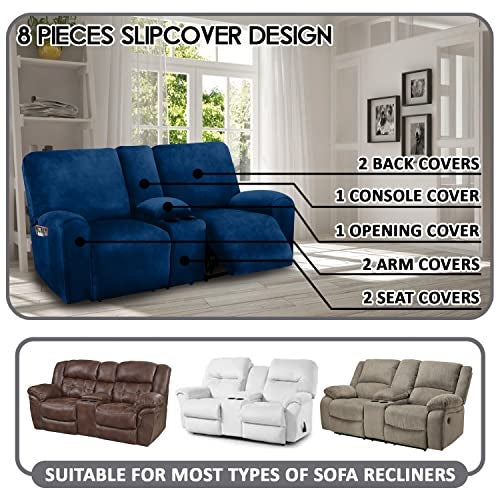ULTICOR Reclining Love Seat with Middle Console Slipcover, 8-Piece Velvet Stretch Loveseat Reclining Sofa Covers, 2 seat Loveseat Recliner Cover, Thick, Soft, Washable, Loveseat Slipcovers (Navy) - Image 2