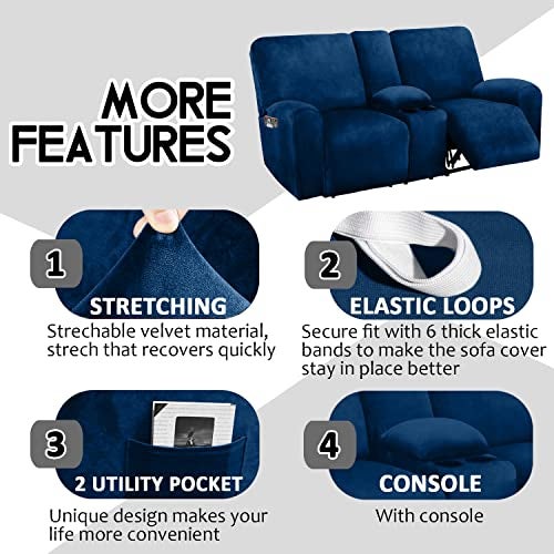 ULTICOR Reclining Love Seat with Middle Console Slipcover, 8-Piece Velvet Stretch Loveseat Reclining Sofa Covers, 2 seat Loveseat Recliner Cover, Thick, Soft, Washable, Loveseat Slipcovers (Navy) - Image 4