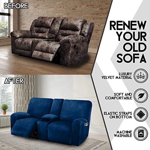 ULTICOR Reclining Love Seat with Middle Console Slipcover, 8-Piece Velvet Stretch Loveseat Reclining Sofa Covers, 2 seat Loveseat Recliner Cover, Thick, Soft, Washable, Loveseat Slipcovers (Navy) - Image 5