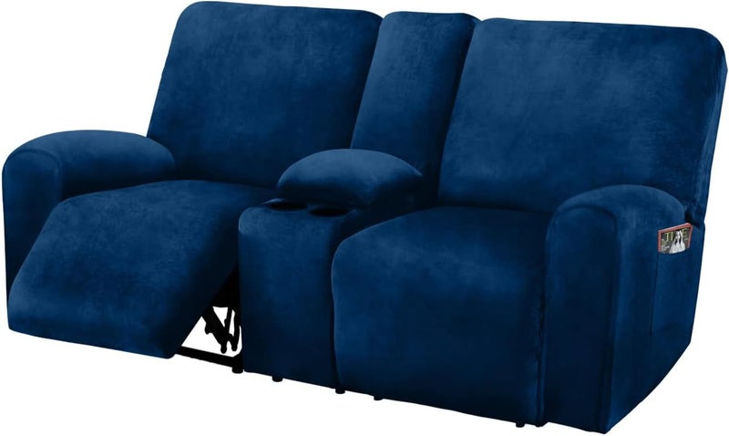 ULTICOR Reclining Love Seat with Middle Console Slipcover, 8-Piece Velvet Stretch Loveseat Reclining Sofa Covers, 2 seat Loveseat Recliner Cover, Thick, Soft, Washable, Loveseat Slipcovers (Navy) - Image 1