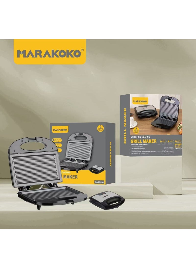 Marakoko Toaster with non-stick plates for easy cleaning. 800-watt toaster. Sandwich maker with thermally insulated handle. Sandwich toaster with locking system, power indicators, and operating light. Compact sandwich warmer. Easy-to-use sandwich maker. Sandwich toaster with thermostatic control and safety thermal cut-off. Maracoco MA-KE003 sandwich grill.  - Image 3