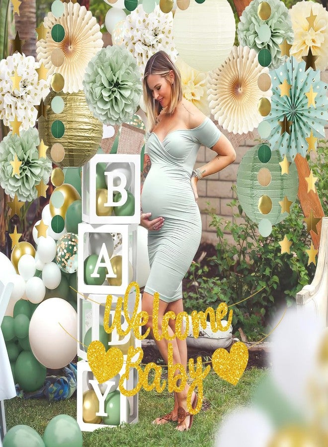 FETETIJD Sage Green Baby Shower Decorations Welcome Baby Banner Tissue Pom Poms Hanging Paper Fans Paper Lanterns Gold Circle Dots Star Garland Boy Girl Neutral Gender Reveal Party Supplies - Image 2