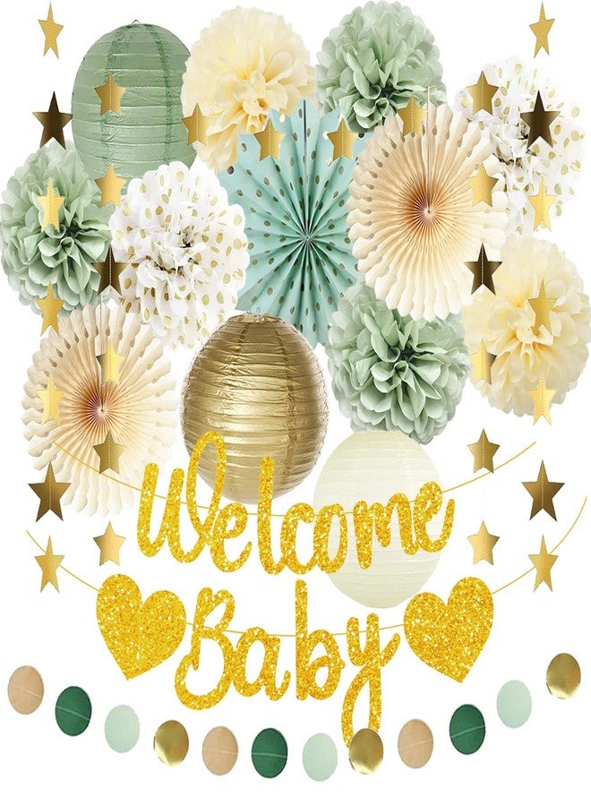 FETETIJD Sage Green Baby Shower Decorations Welcome Baby Banner Tissue Pom Poms Hanging Paper Fans Paper Lanterns Gold Circle Dots Star Garland Boy Girl Neutral Gender Reveal Party Supplies - Image 1