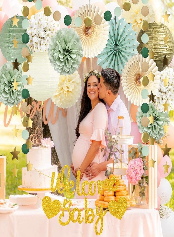 FETETIJD Sage Green Baby Shower Decorations Welcome Baby Banner Tissue Pom Poms Hanging Paper Fans Paper Lanterns Gold Circle Dots Star Garland Boy Girl Neutral Gender Reveal Party Supplies - Image 4