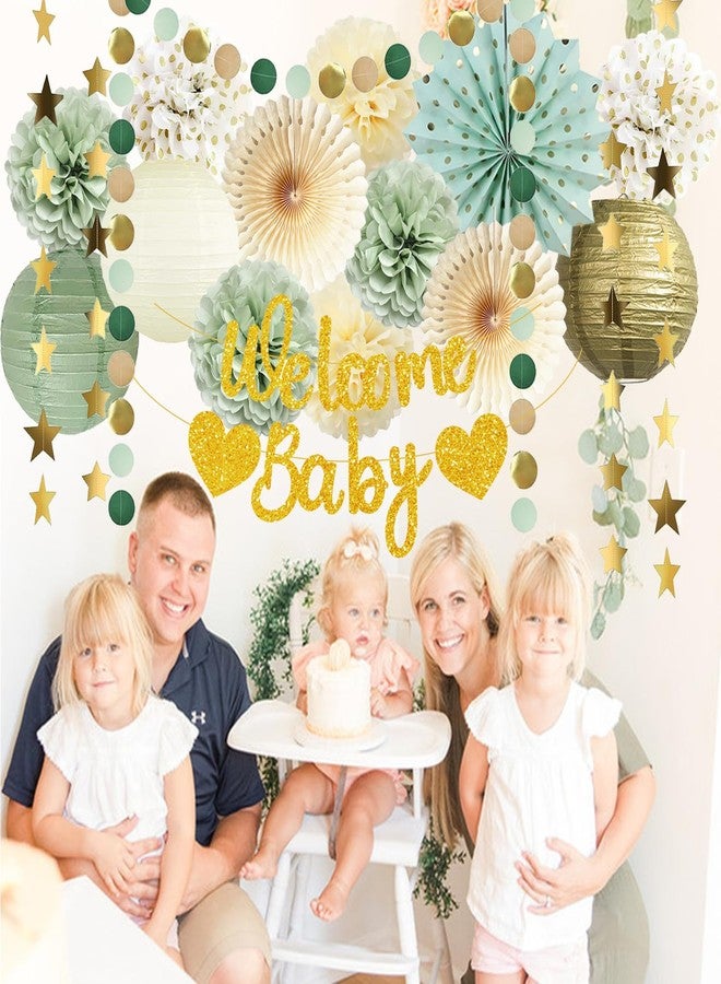 FETETIJD Sage Green Baby Shower Decorations Welcome Baby Banner Tissue Pom Poms Hanging Paper Fans Paper Lanterns Gold Circle Dots Star Garland Boy Girl Neutral Gender Reveal Party Supplies - Image 3