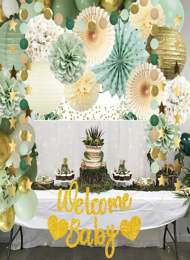FETETIJD Sage Green Baby Shower Decorations Welcome Baby Banner Tissue Pom Poms Hanging Paper Fans Paper Lanterns Gold Circle Dots Star Garland Boy Girl Neutral Gender Reveal Party Supplies - Image 5