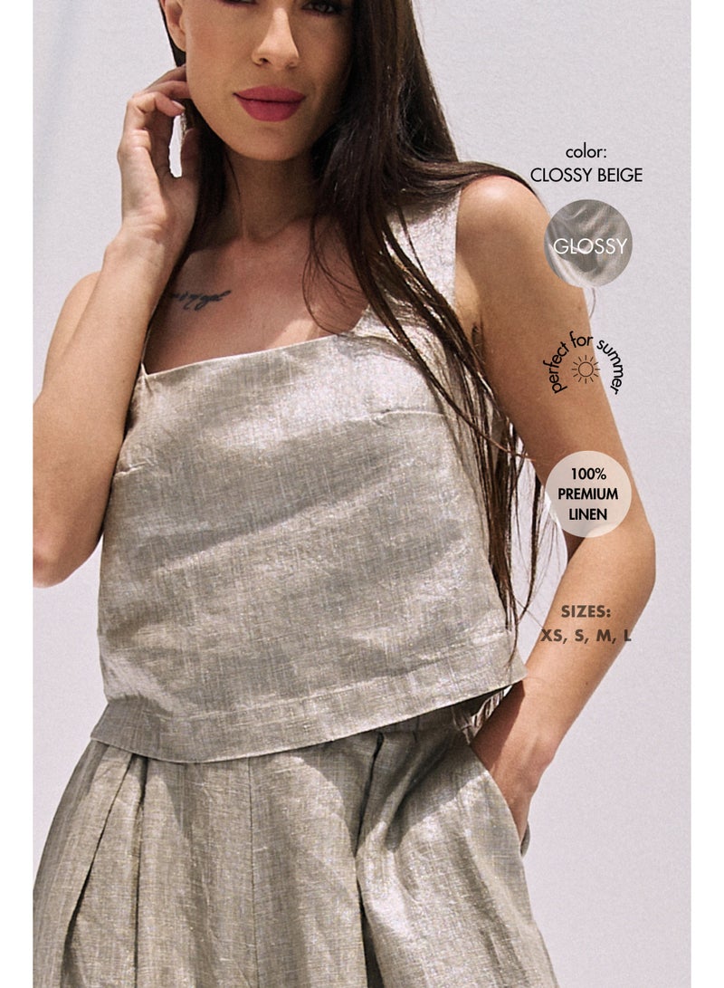 UMAY FASHION EVARA CROP TOP | GLOSSY BEIGE - Image 1