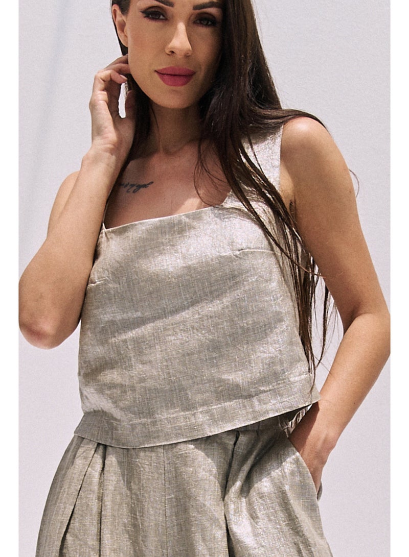 UMAY FASHION EVARA CROP TOP | GLOSSY BEIGE - Image 2