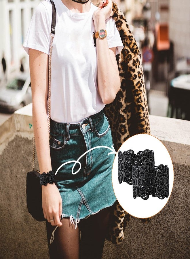 Mtlee 2 Pieces Black Bracelet for Women Gothic Vintage Filigree Jewelry Ladies Cuff Bracelets Bohemian Lace Bracelet Lace Cuff Bangle Wide Stretch Rhinestone Statement - Image 5